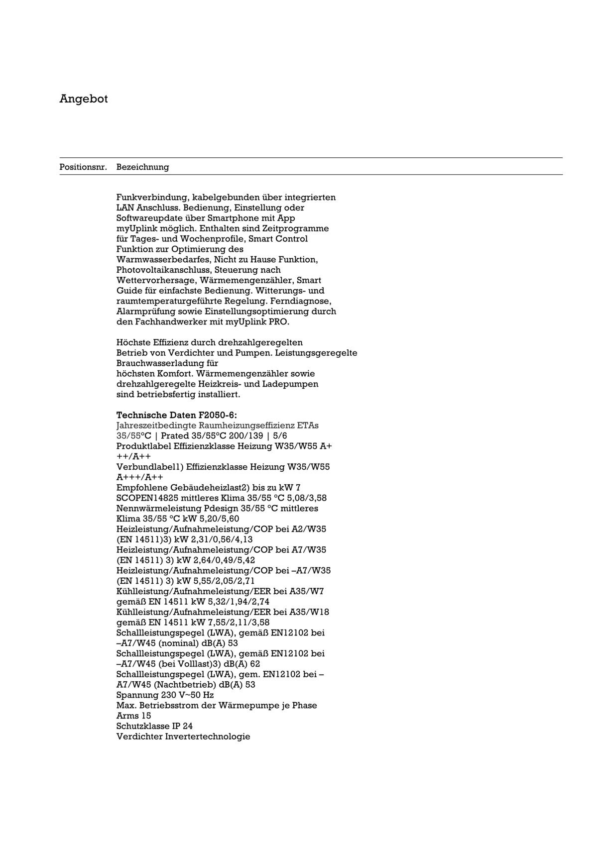 Angebot mit Positionsliste und technischen Daten zu Heizungs- und Regelkomponenten.