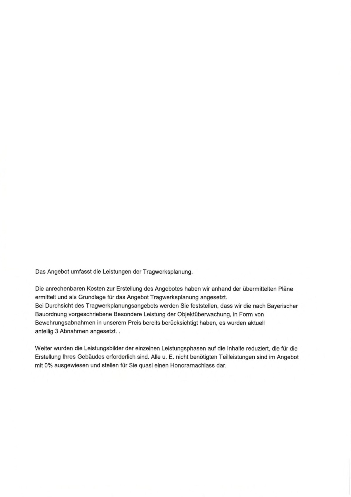 Dokumentenseite mit Fließtext über Tragwerksplanung, Kosten und Leistungsumfang des Angebots.