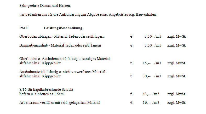 Formelles Anschreiben mit Bauangebot und Preisliste in Tabellenform.