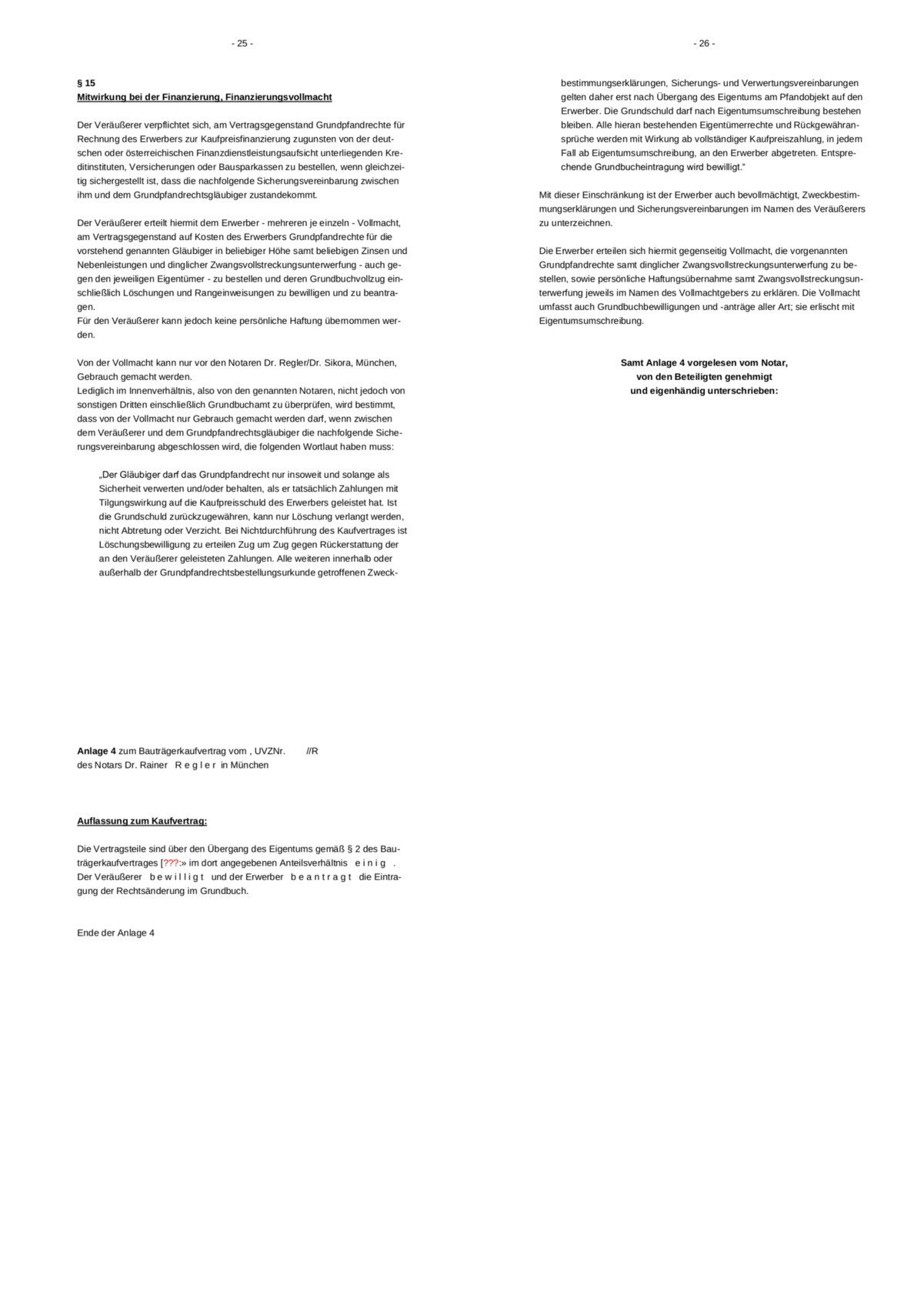 Zweiseitig gedruckte Vertragsseite mit Finanzierungsklauseln und Anlage 4.