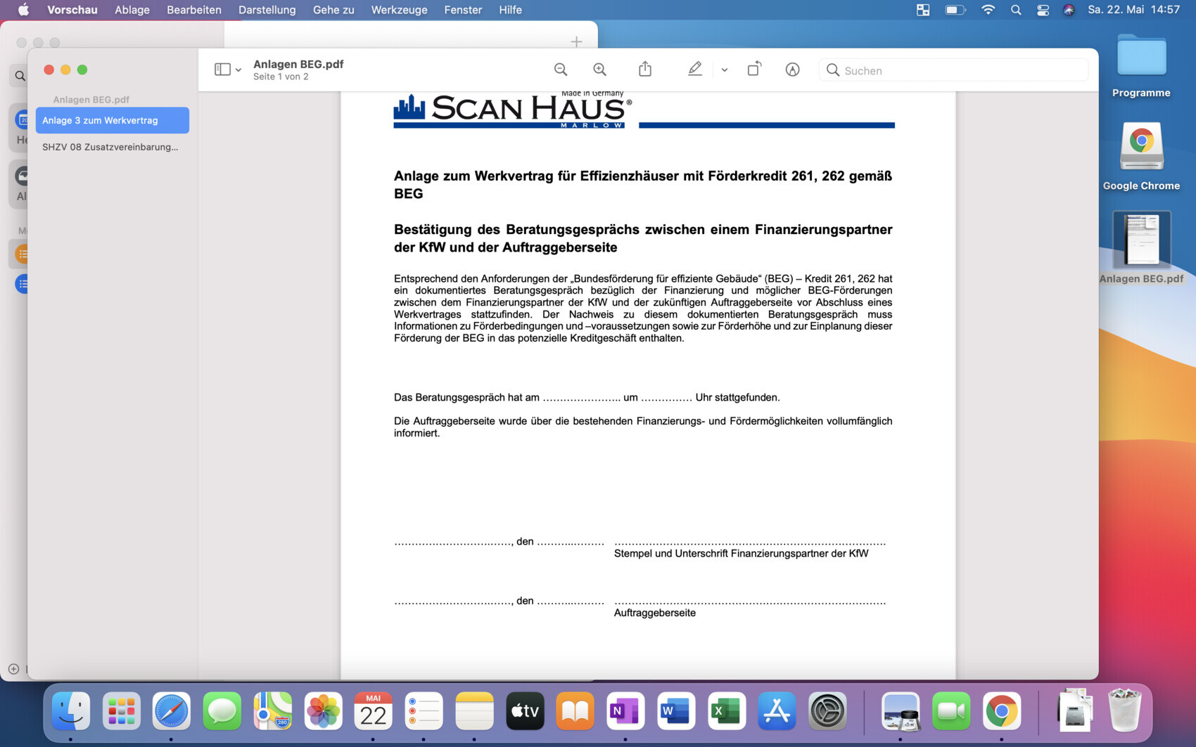 Screenshot eines Mac-Desktops mit geöffnetem Scan-Haus-PDF-Dokument: Anlage zum Werkvertrag.