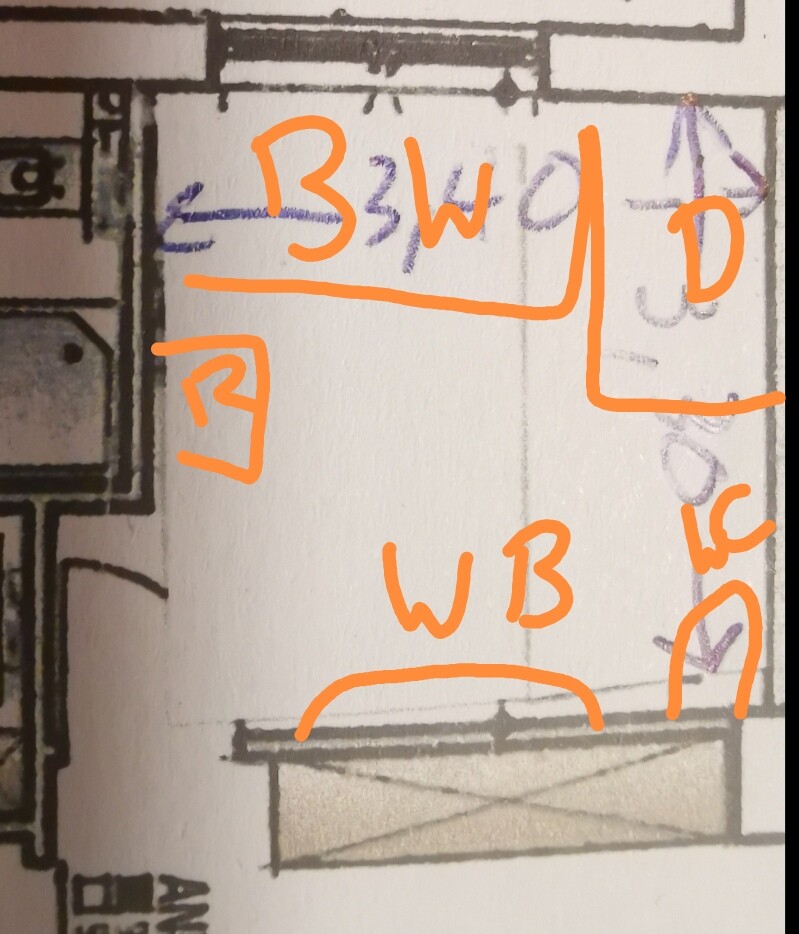 Grundrissplan mit schwarzen Linien und orange markierten Bereichen.