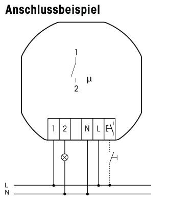 Diagramm eines Anschlussbeispiels mit L- und N-Leitungen und Leuchtkörper-Symbol.