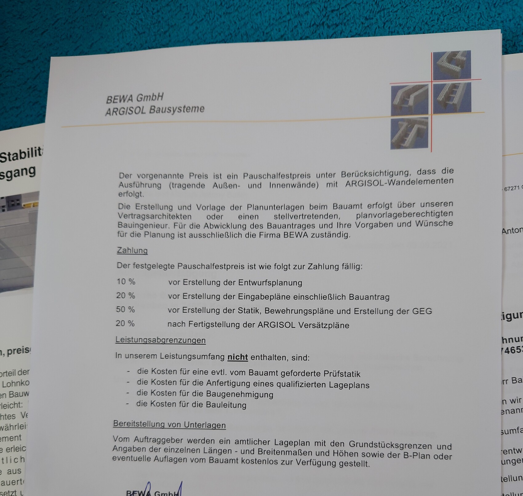 Dokument mit BEWA GmbH ARGISOL Bausysteme, Textblock und kleinem Logo rechts oben.