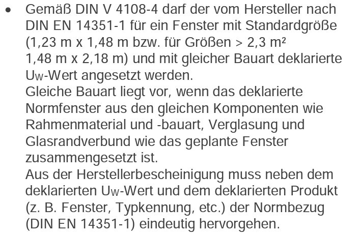 Textabschnitt zur DIN V 4108-4: Fensternormen, Uw-Wert und EN 14351-1 Normbezug.