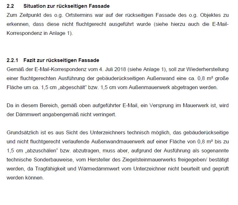 Dokumentenseite mit Text zur rueckseitigen Fassade und Baubestimmungen