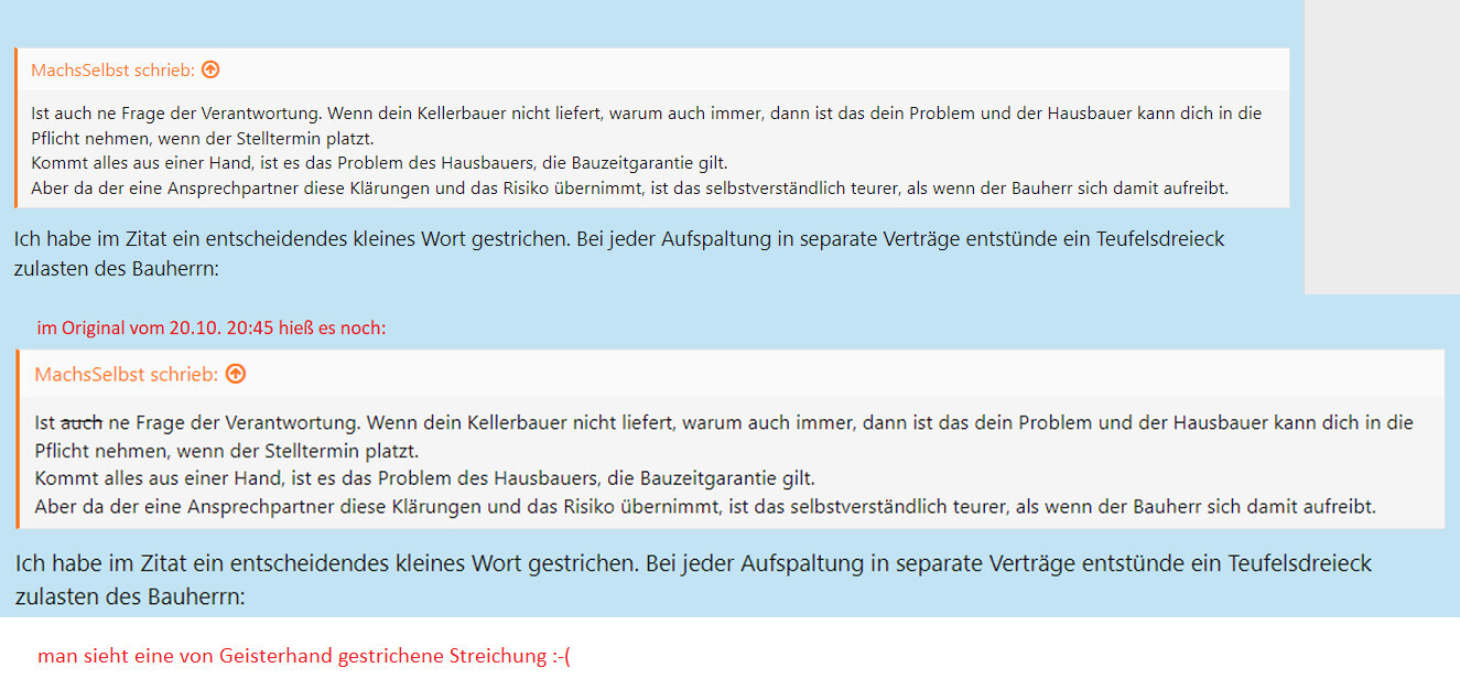 Screenshot eines Forums mit Zitaten über Bauverantwortung und einer gestrichenen Textstelle.
