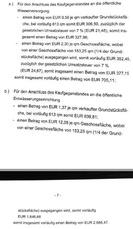 Dokument mit Kostenangaben zur Wasser- und Abwasseranbindung und Grundstücksfläche