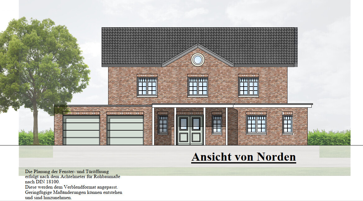 Vorderansicht eines zweigeschossigen Backsteinhauses mit Garage links und Baumgruppe im Hintergrund