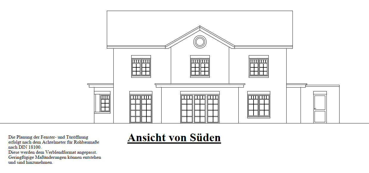 Architekturzeichnung einer Sudenansicht eines Hauses mit Fenstern, Türen und Fassadendetails
