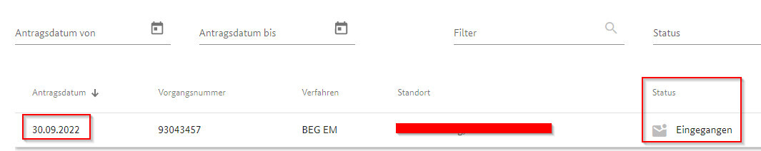 Screenshot einer Auftragsliste: Datum 30.09.2022, Vorgangsnr 9304357, Status Eingegangen.