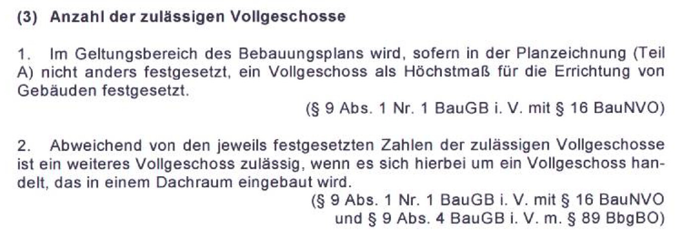 Dokumentenseite mit Text zur zulässigen Anzahl der Vollgeschosse im Bauplan
