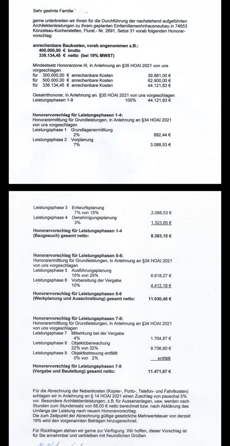 Scan eines formellen Architektenbriefs mit Honorarvorschlägen und Kostenaufstellung