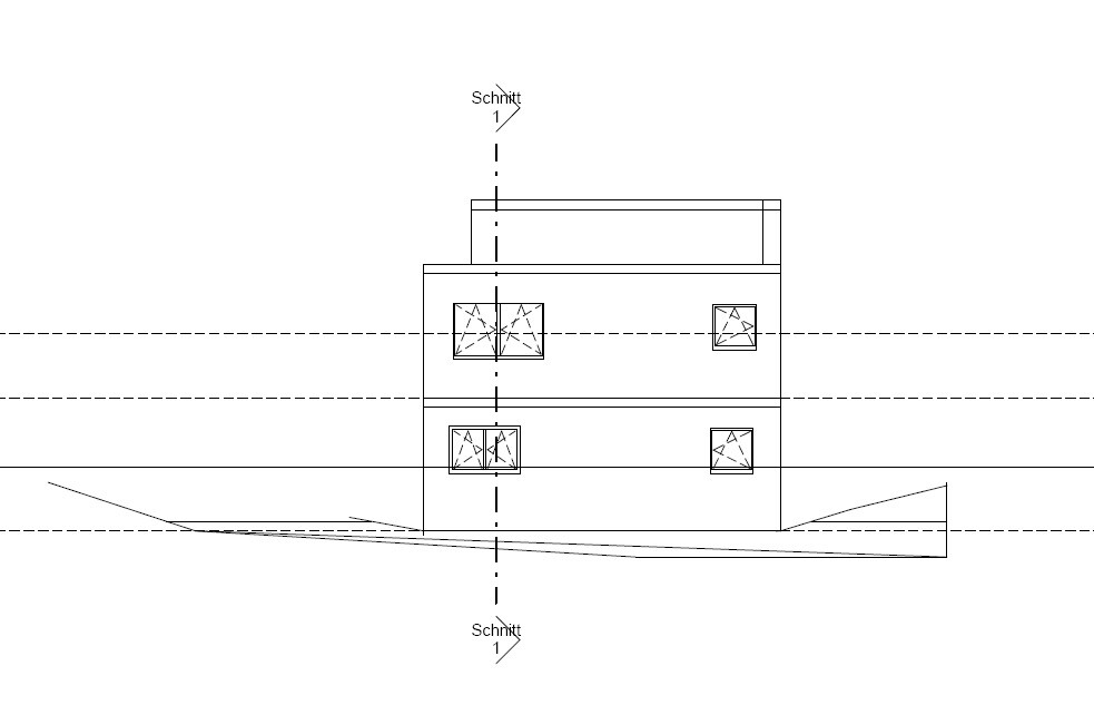 Architektenzeichnung eines zweigeschossigen Hauses mit Fenstern und Schnittlinien