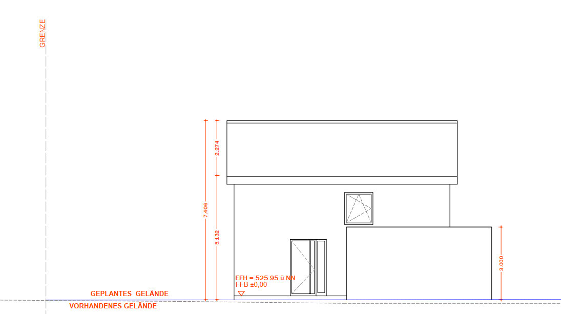 Architekturzeichnung: modernes zweigeschossiges Haus mit Flachdach, Fenster, Tür; orange Maßlinien