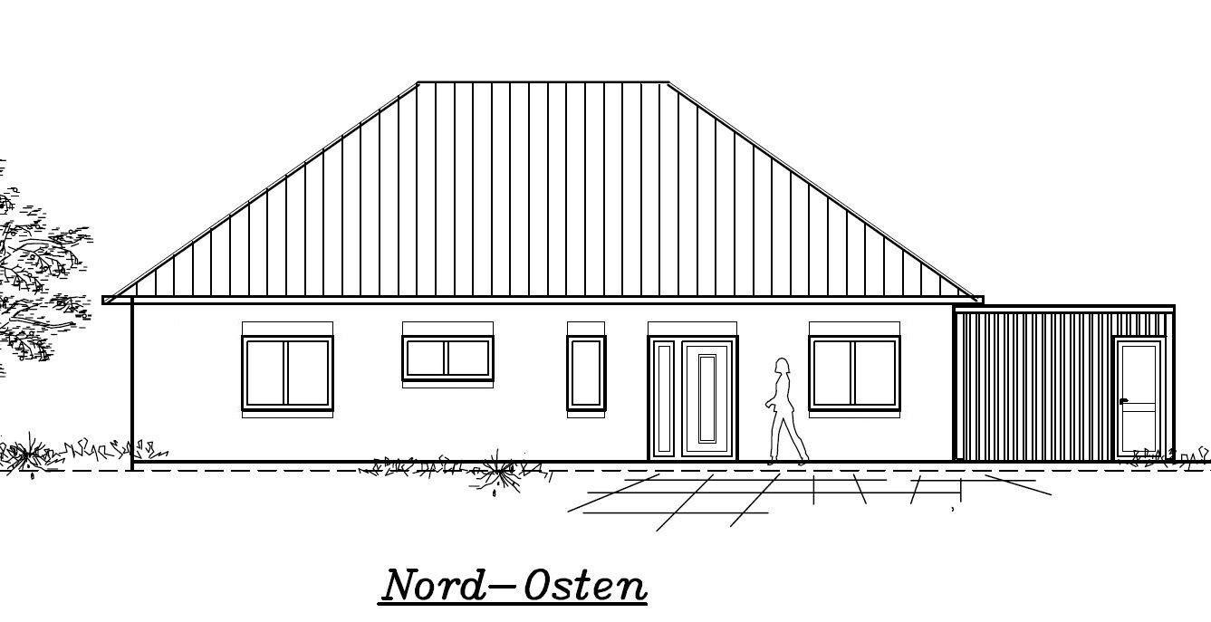 Architektonische Frontansicht eines Einfamilienhauses mit Satteldach und Eingangstür