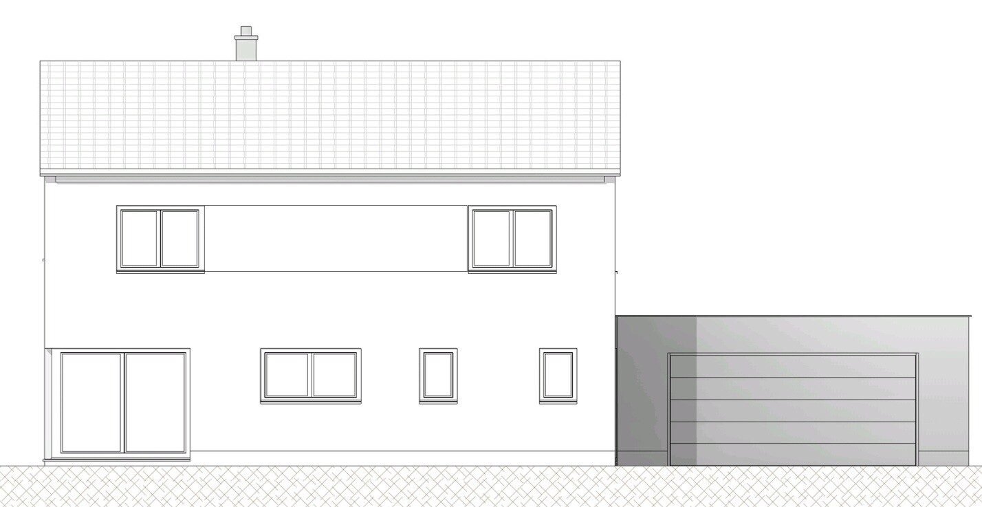 Zweistöckiges Haus mit Satteldach und Kamin, Garage rechts; Front mit Glastür links und Fenstern.