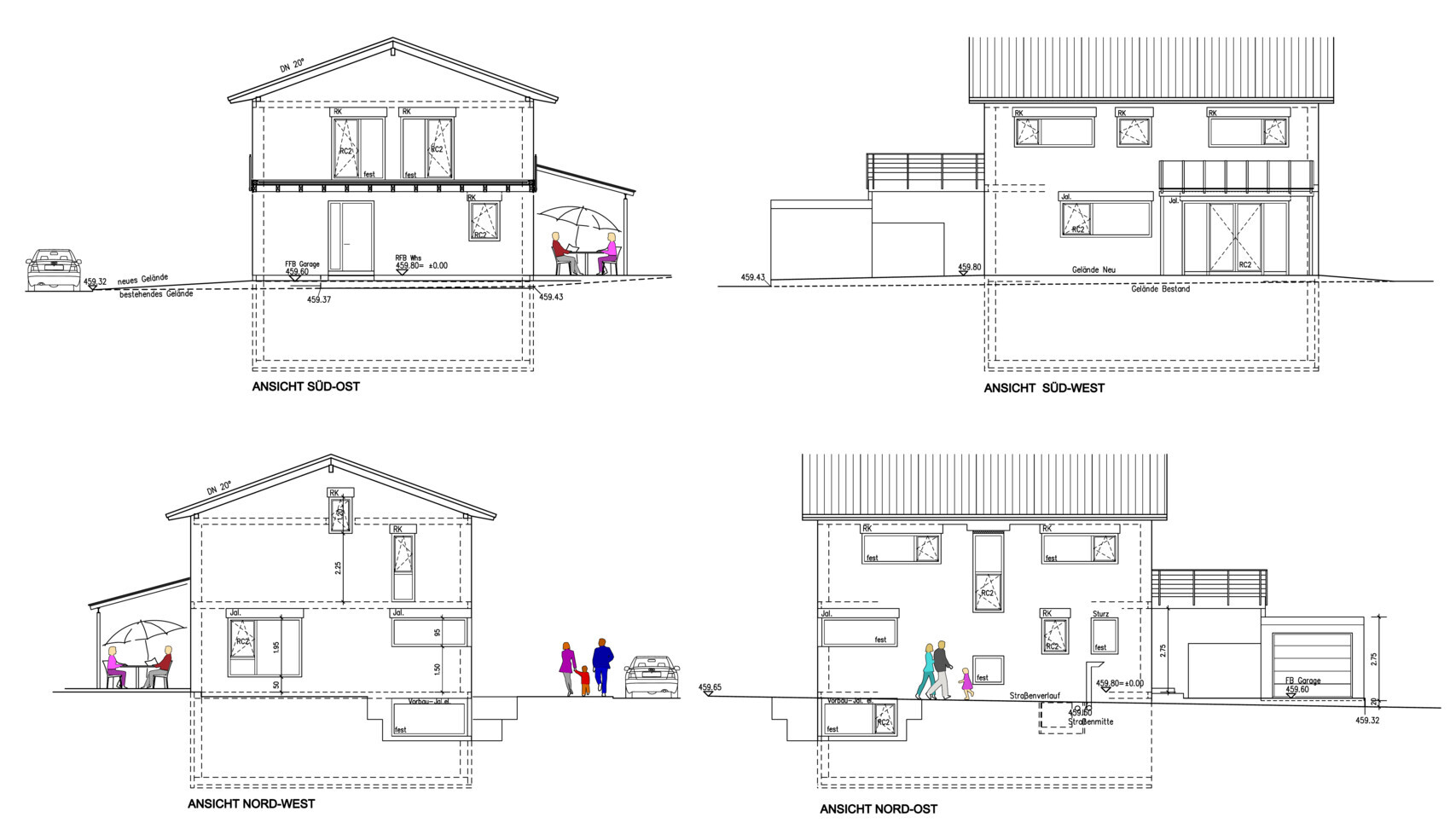 Architektur-Zeichnung: Vier Ansichten eines Hauses mit Terrasse, Garten, Auto und Personen.