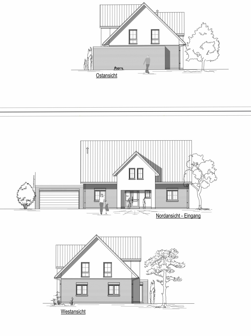 Dreifache Hausansicht: Ostansicht, Nordansicht (Eingang) und Westansicht mit Garage, Baum und Mensch.