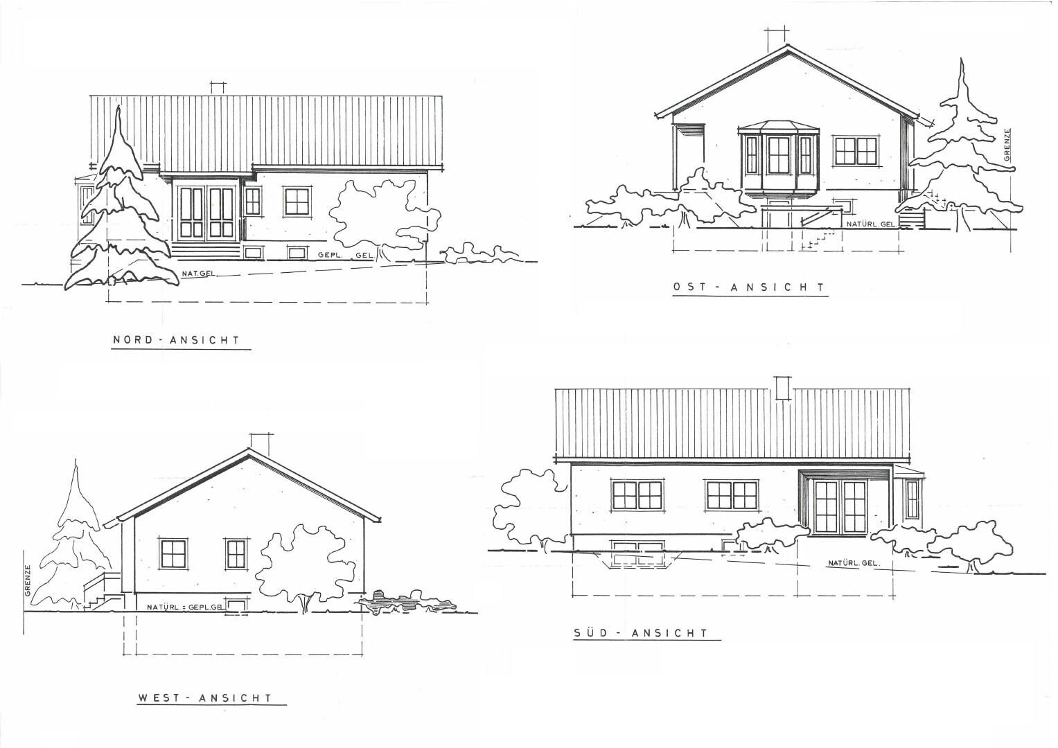 Architekturzeichnung eines Hauses mit Nord-, Ost-, West- und Südansicht und Bäumen.