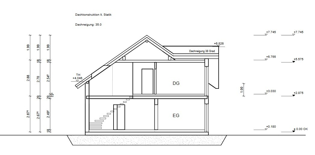 Schnitt durch zweistöckiges Haus mit Treppe, DG und EG, Dachkonstruktion