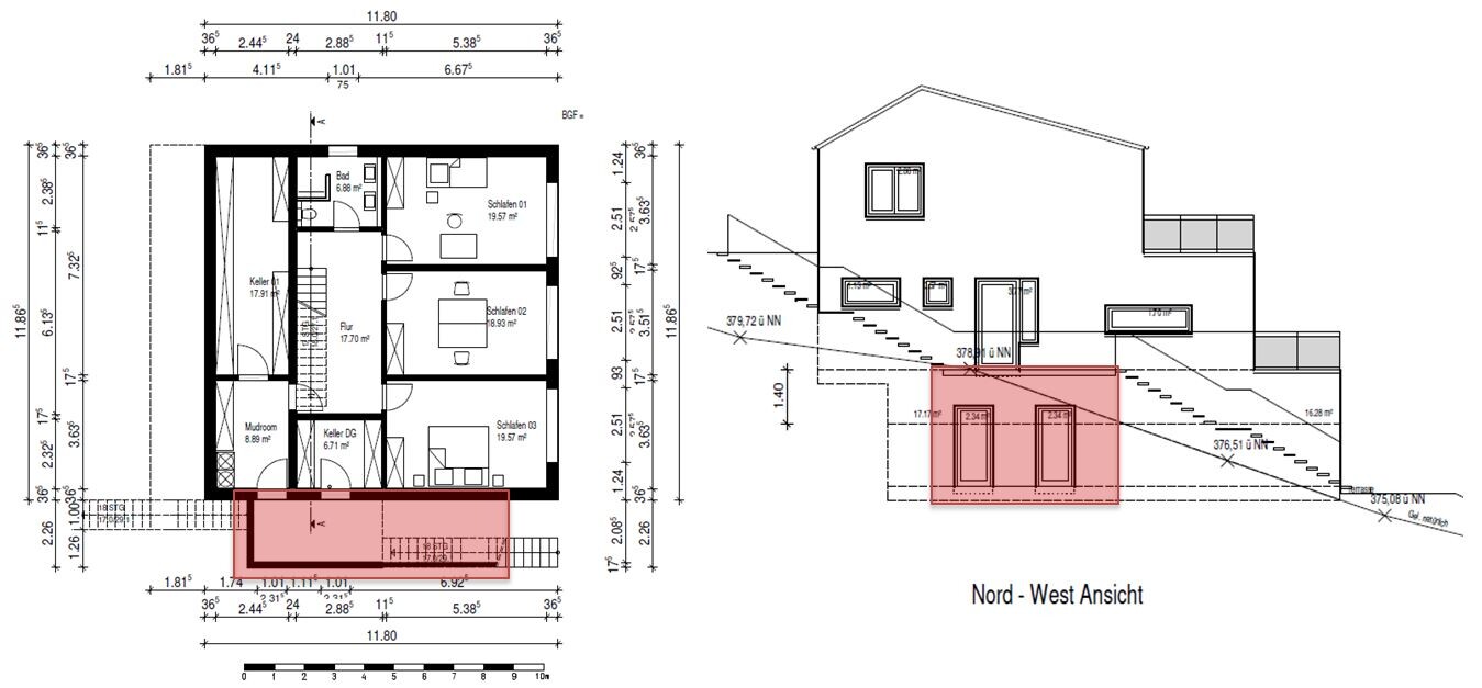 Grundriss eines Hauses mit Kellern und Schlafräumen sowie Nord-West-Ansicht mit roter Markierung