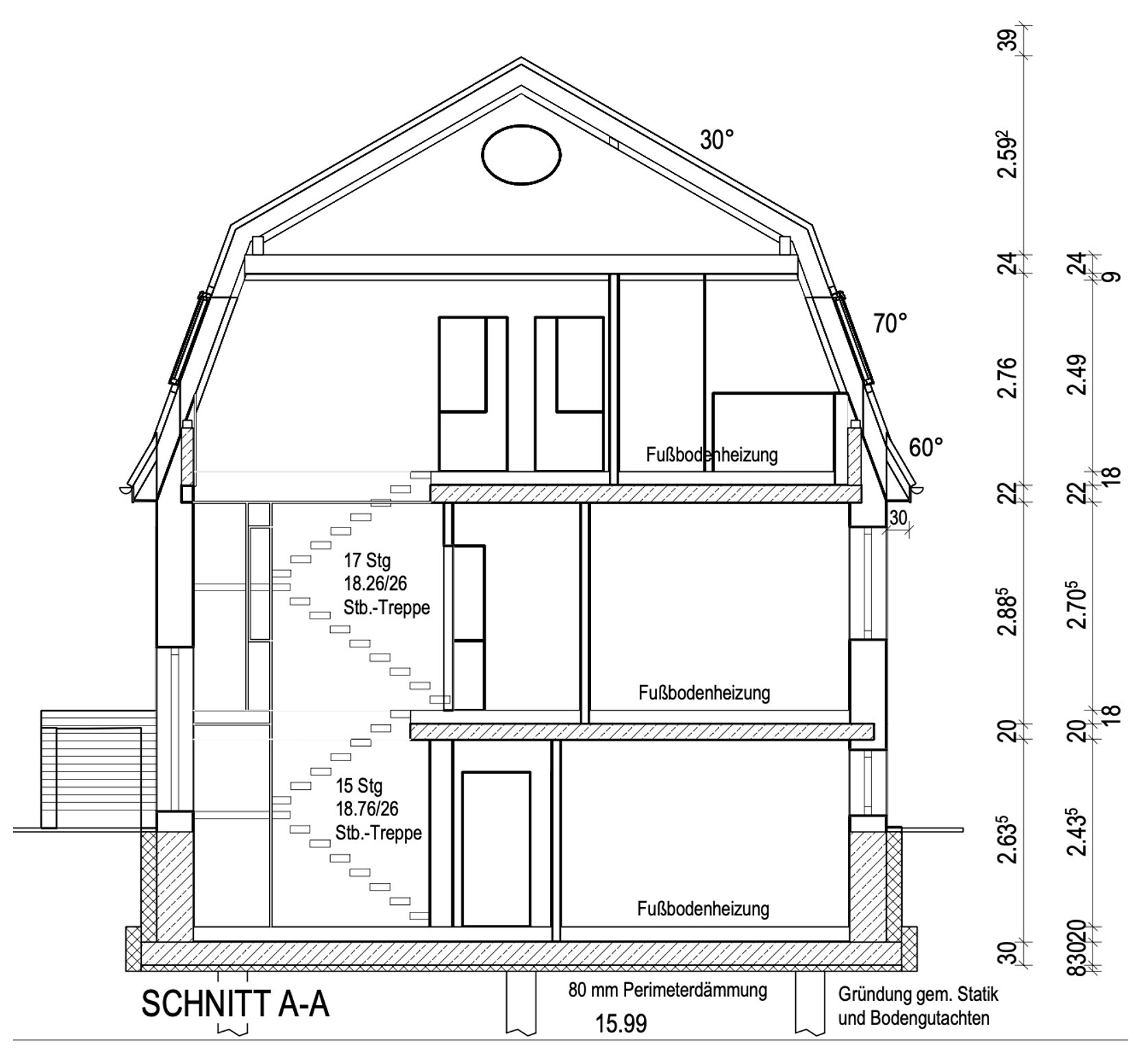 Schnitt A-A durch ein mehrstöckiges Haus mit Treppen, Fußbodenheizung und Maßlinien.