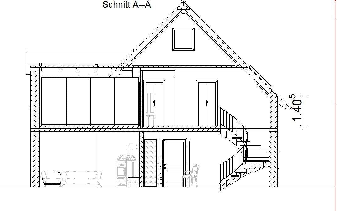 Schnitt A-A durch ein zweigeschossiges Wohnhaus mit Treppenaufgang und Dachgaube.
