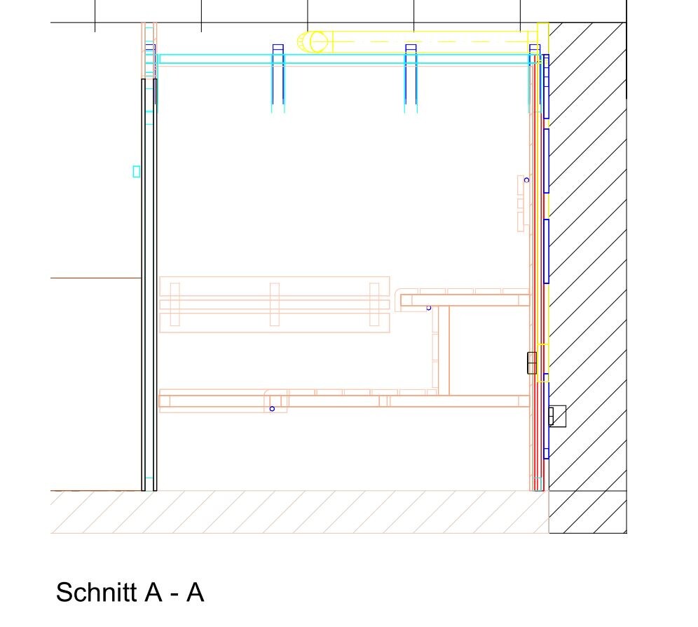 Technische Querschnittszeichnung eines Raums mit Möbeln und Türen (Schnitt A-A).
