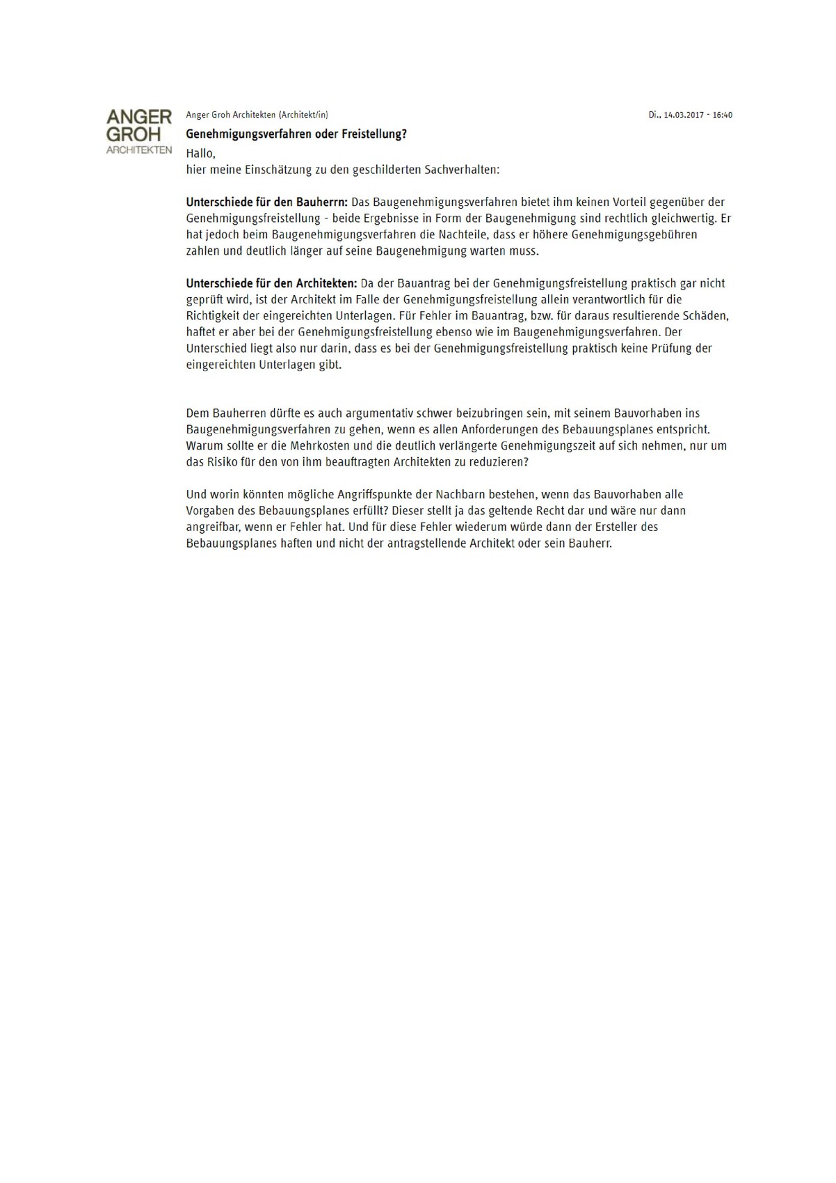Dokumentenseite mit Logo Anger Groh Architekten und Textabschnitt zum Thema Genehmigungsverfahren.