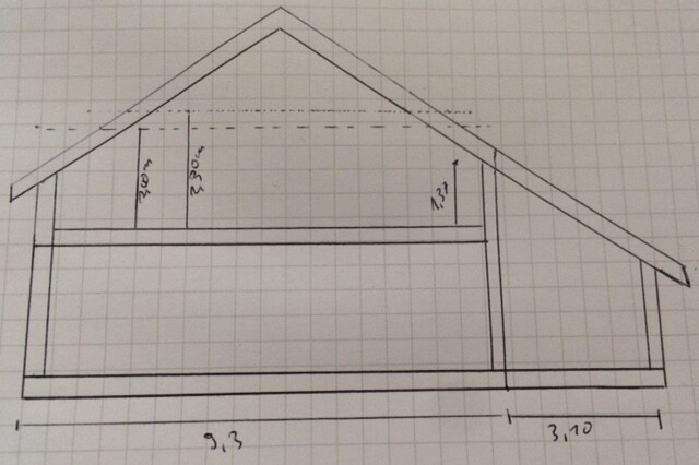 Schräges Hausdach-Schnittbild mit Innenwänden und Dachfirst, Grundrisslinien sichtbar.