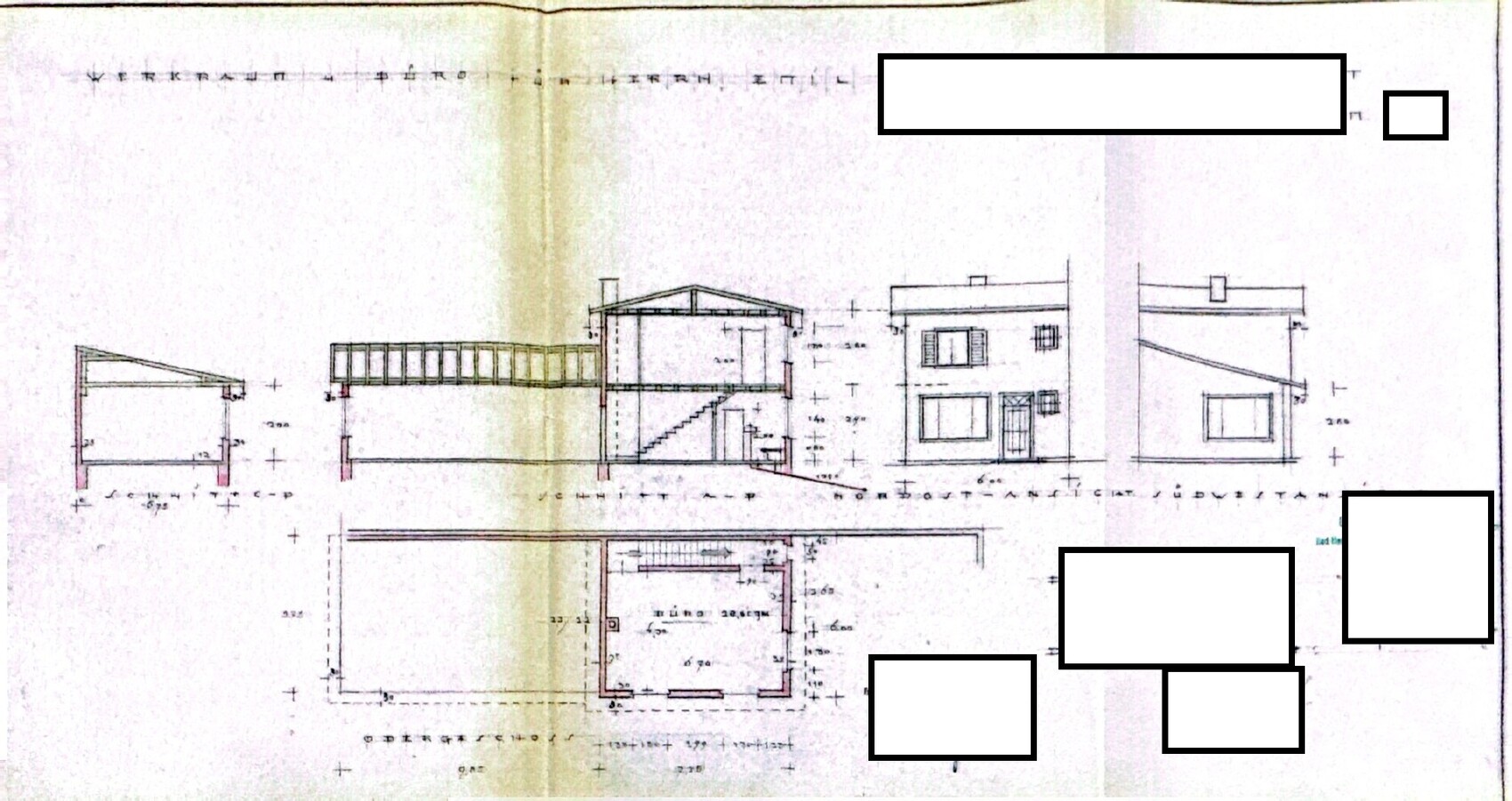 Architektenzeichnung eines zweigeschossigen Hauses mit Treppe, Grundriss- und Frontansicht.