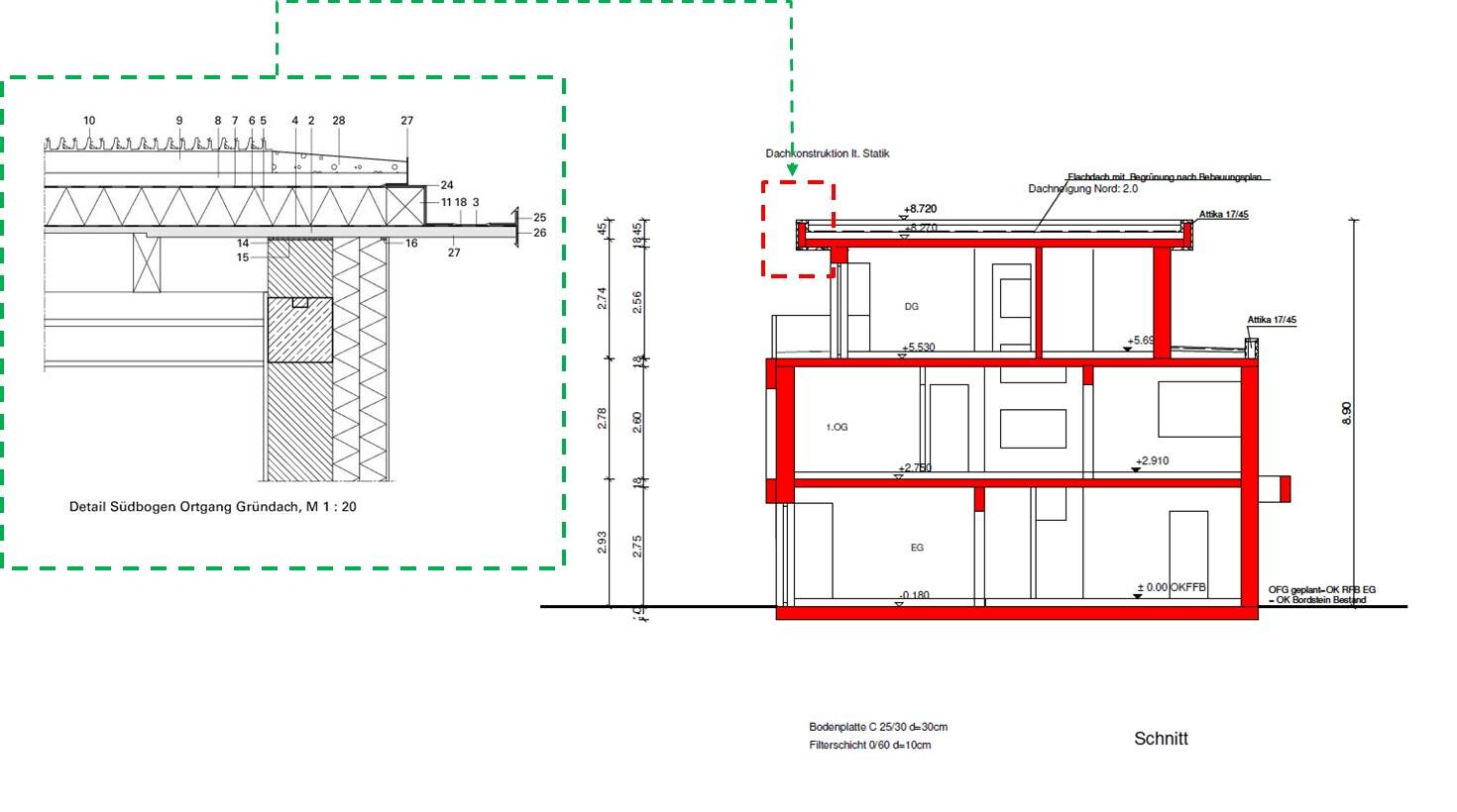 Architekturplan mit Grundrissdetail und Schnitt durch das Gebäude, Dachkonstruktion sichtbar