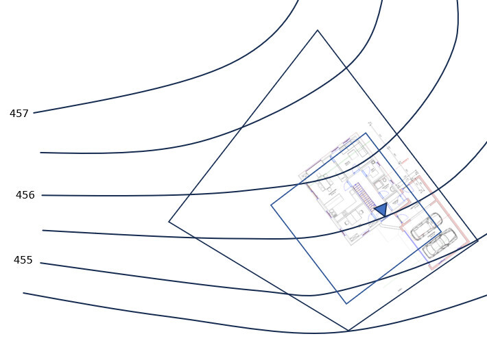 Architektur-Grundriss: verschachtelte Rechtecke, Bogenlinien, nummerierte Linien 455–457.