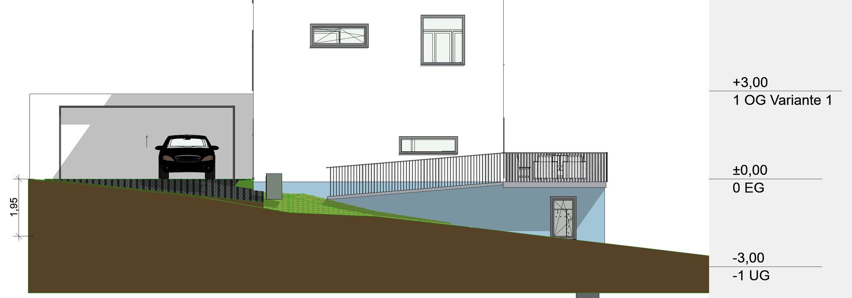 Schnittansicht eines Hauses auf Hanglage mit Garage, Rampe und Terrasse.
