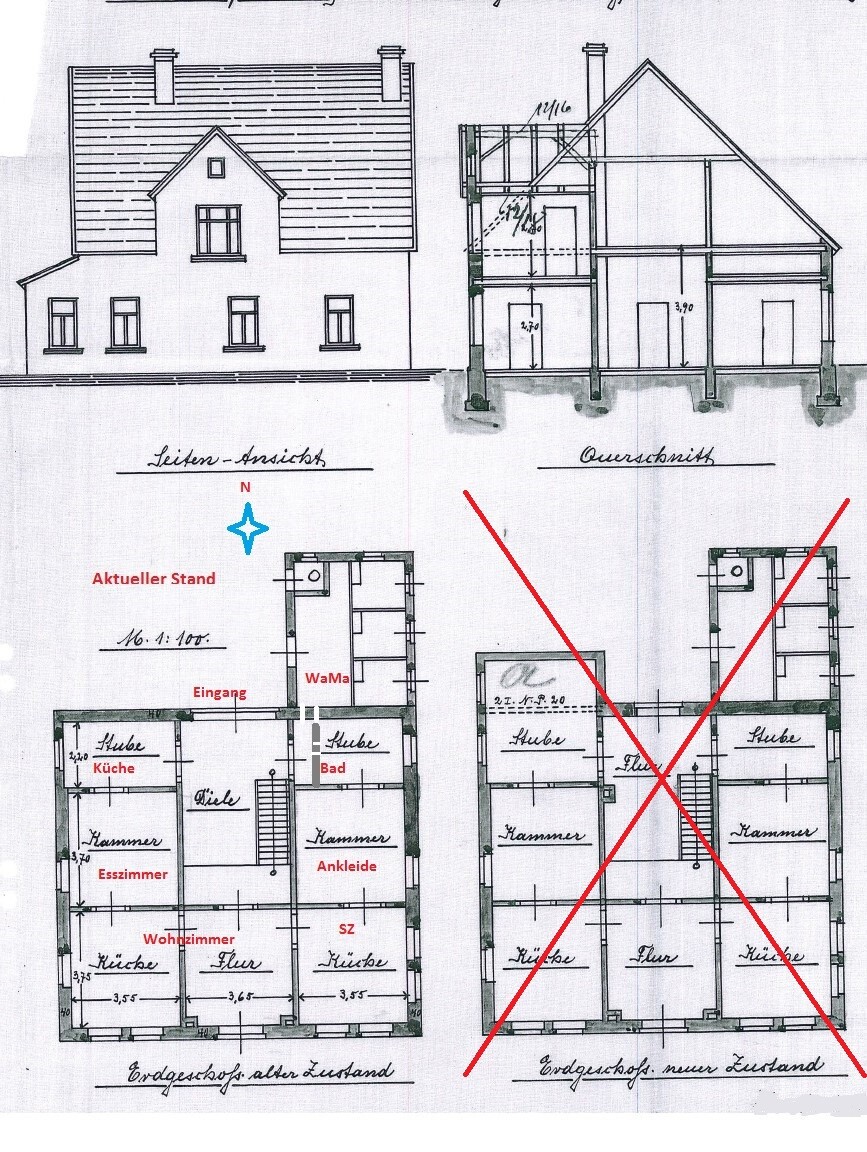 Architekturzeichnung: Seitenansicht, Schnitt und Grundriss - alter links, neuer rechts.