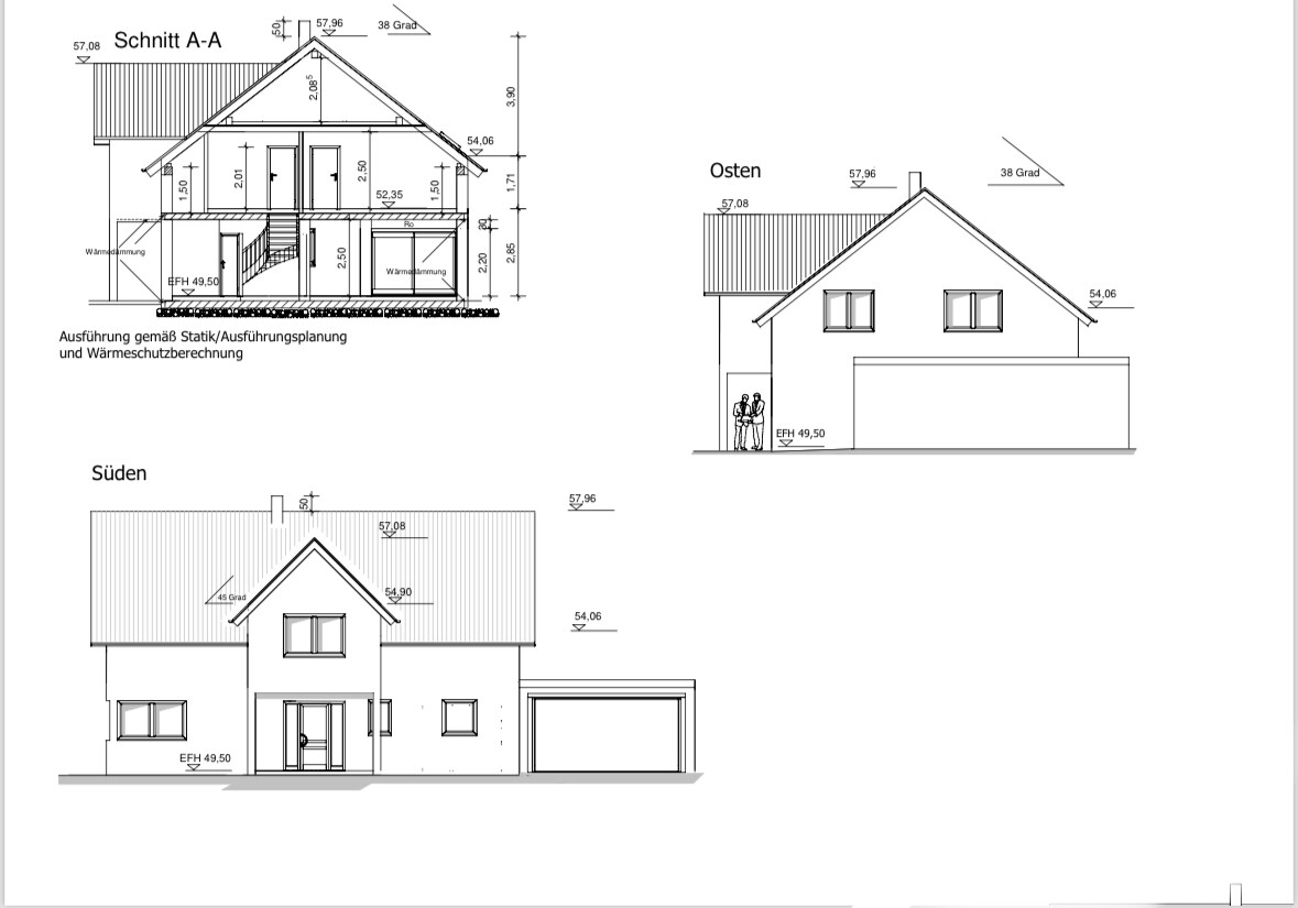 Architektenplan eines zweigeschossigen Hauses mit Satteldach, Schnitt A-A und Ansichten.