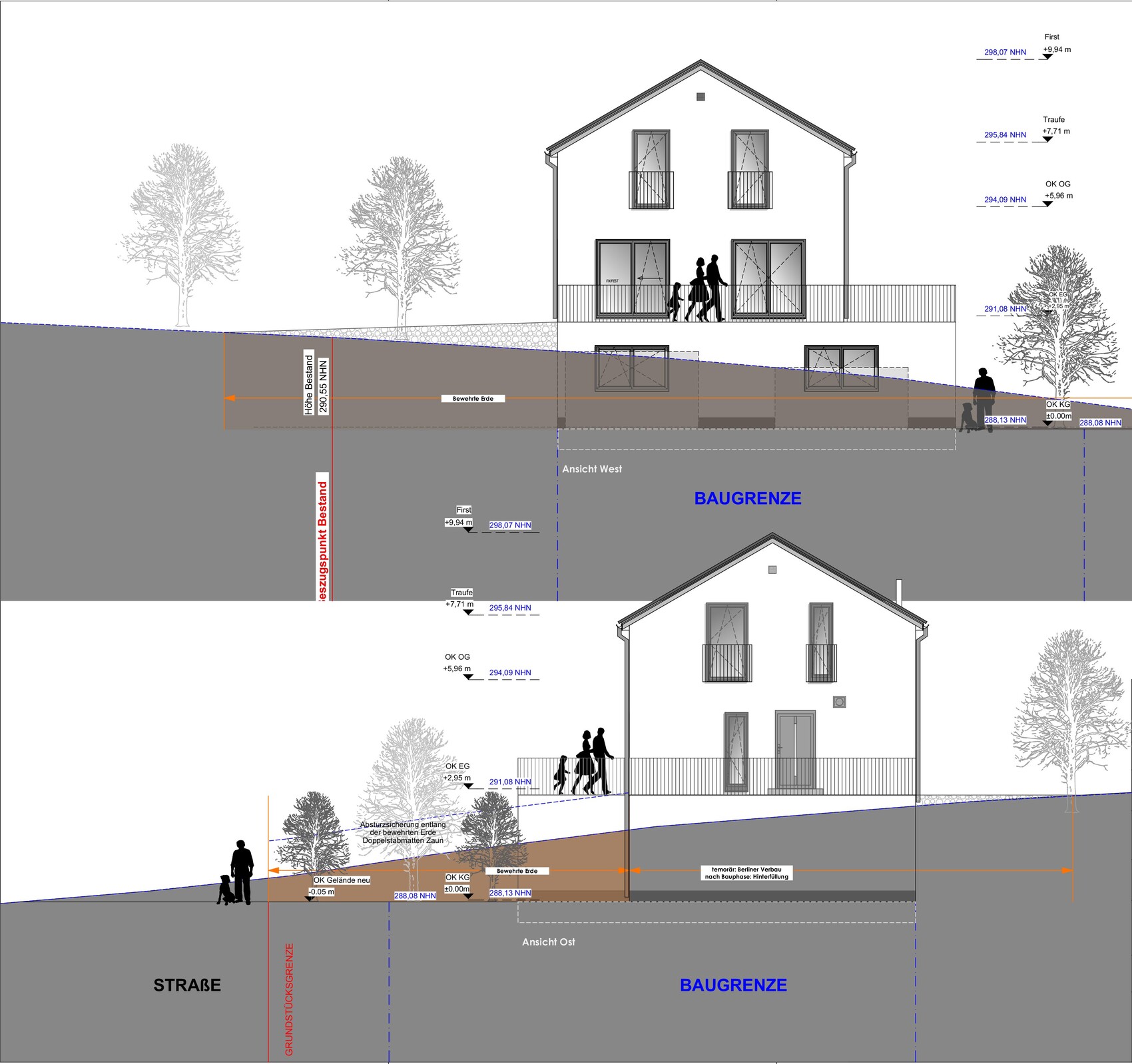 Architektur-Schnitt und Ansichten: Haus am Hang mit Baugrenze, Straßenniveau und Silhouetten.