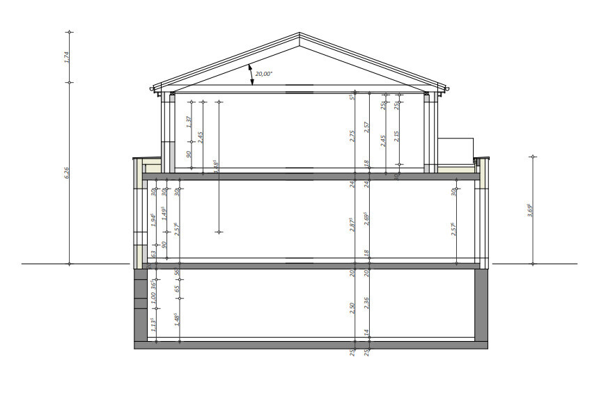 Technischer Querschnitt eines mehrstöckigen Hauses mit Fundament, Decken und Satteldach.