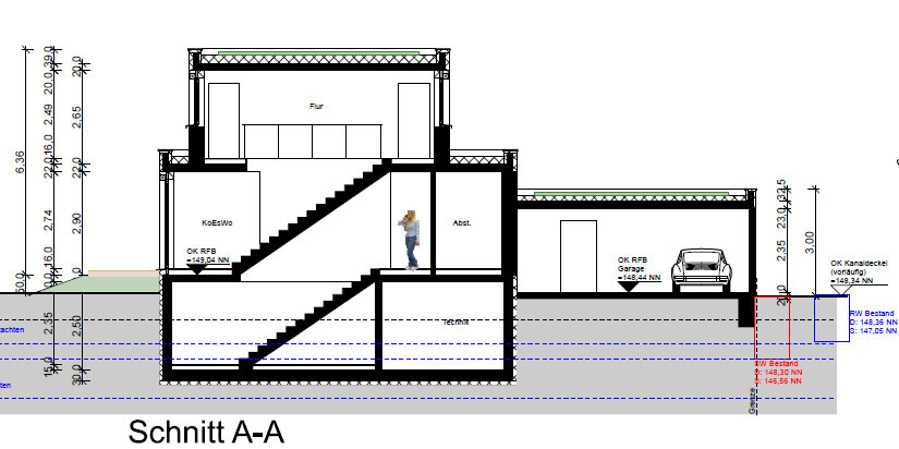 Schnitt A-A durch ein mehrstöckiges Haus mit Treppen, Flur, Abstellraum und Garage.
