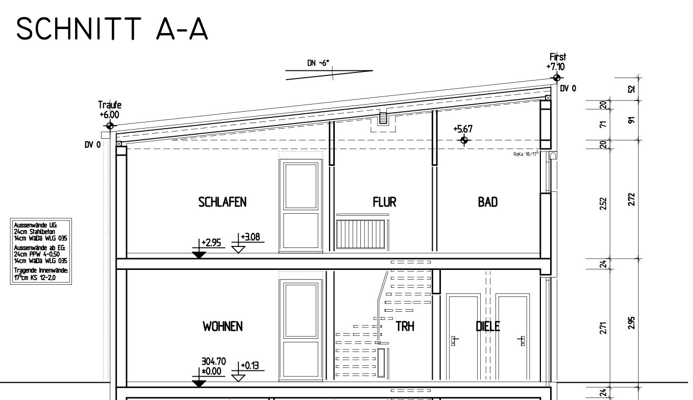Schnitt A-A durch ein zweigeschossiges Haus mit Schlafen, Wohnen, Flur, Diele und Bad