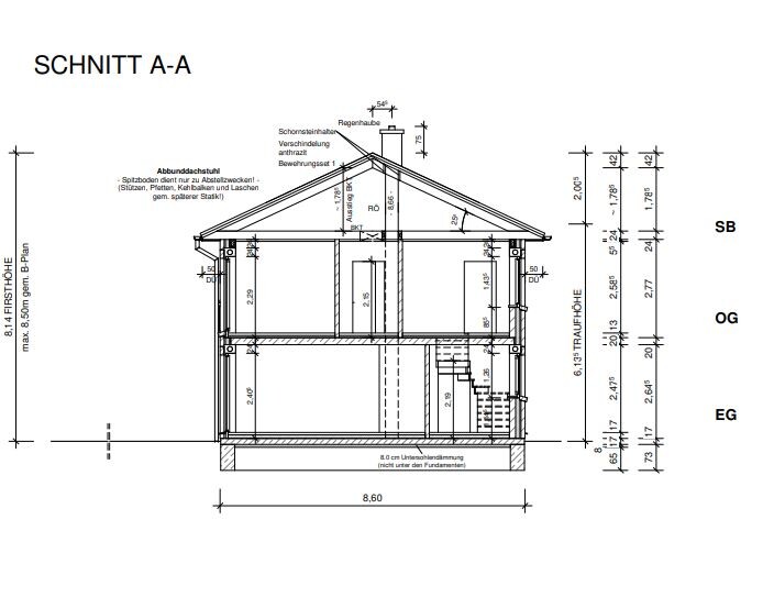Schnitt A-A durch ein zweigeschossiges Haus; Querschnitt mit Treppe, Dachkonstruktion und Höhenangaben.