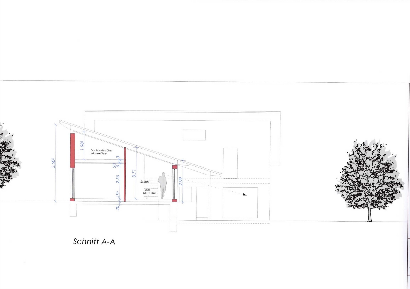 Architektur-Schnitt A-A eines Wohnhauses mit schrägem Dach, Innenraumdarstellung und Maßlinien