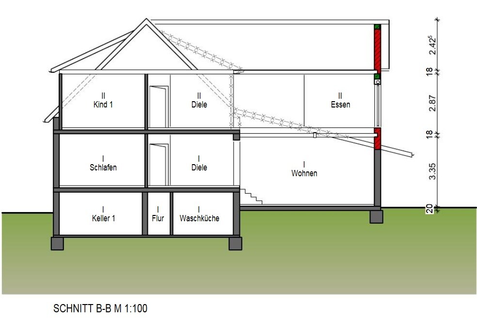 Schnitt durch zweigeschossiges Haus: Keller, Flur, Waschküche, Schlafen, Diele, Wohnen, Essen.