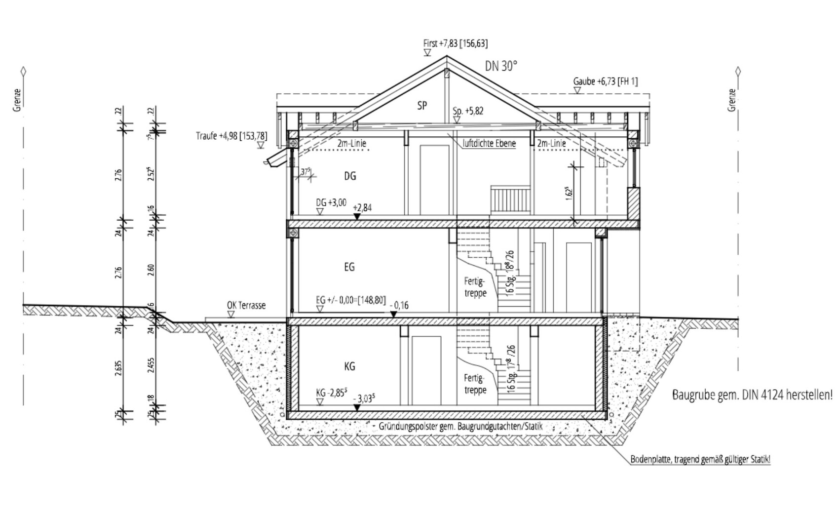 Schnitt durch ein Haus mit Keller (KG), Erdgeschoss (EG), Dachgeschoss (DG) und Terrasse