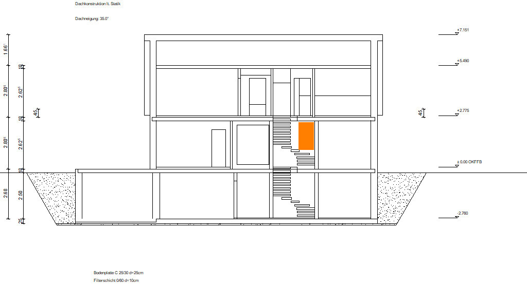 Querschnitt eines mehrstöckigen Gebäudes mit Treppenhaus; orange Tür im Mittelbereich.