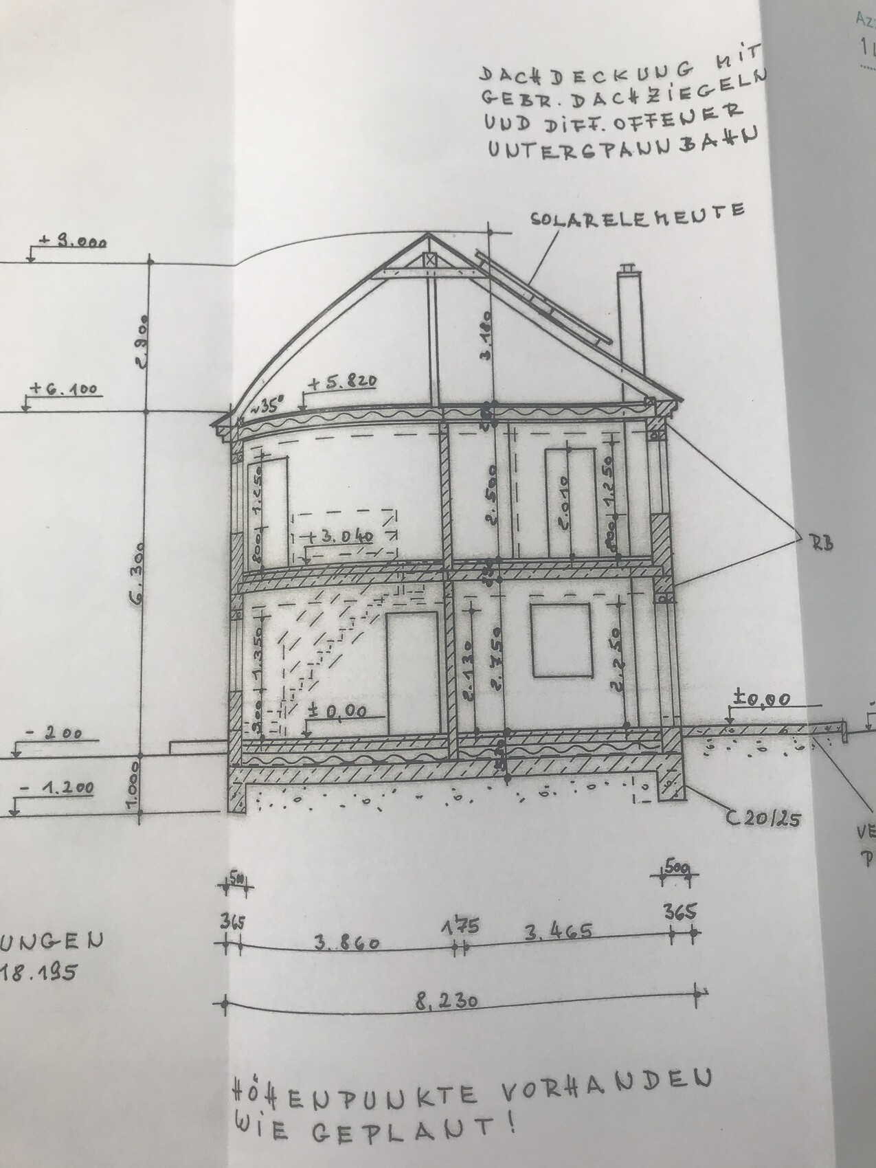 Schnitt durch zweistöckiges Haus mit Satteldach, Treppe, Fenstern und Fundament