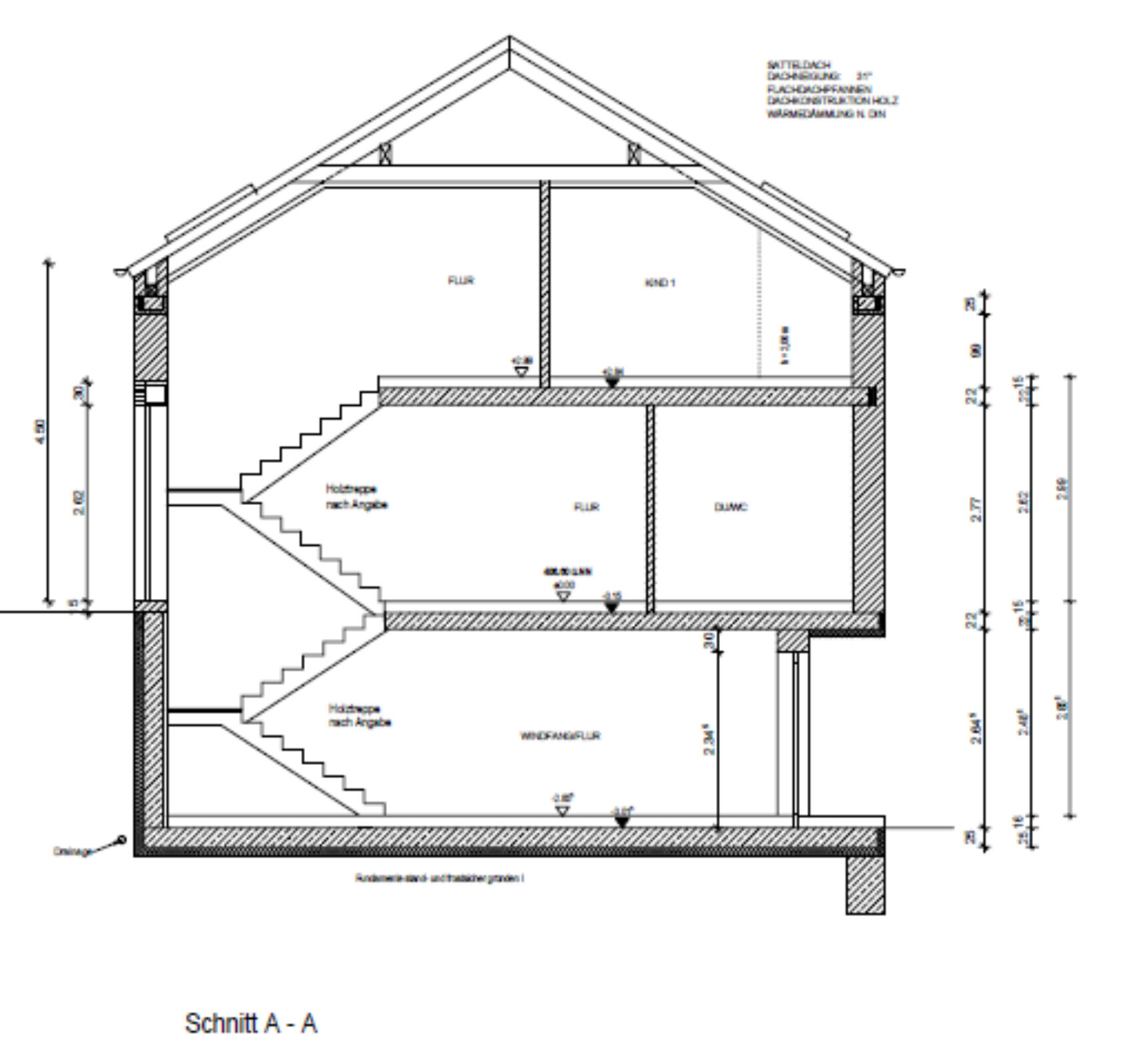Schnitt A-A durch ein zweigeschossiges Haus mit Dachstuhl, Treppenhaus und zwei Etagen