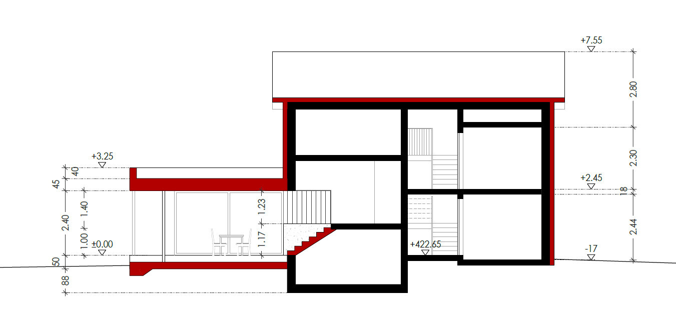 Schnitt durch ein mehrstöckiges Haus mit Treppenhaus, Innenwänden und Stufen