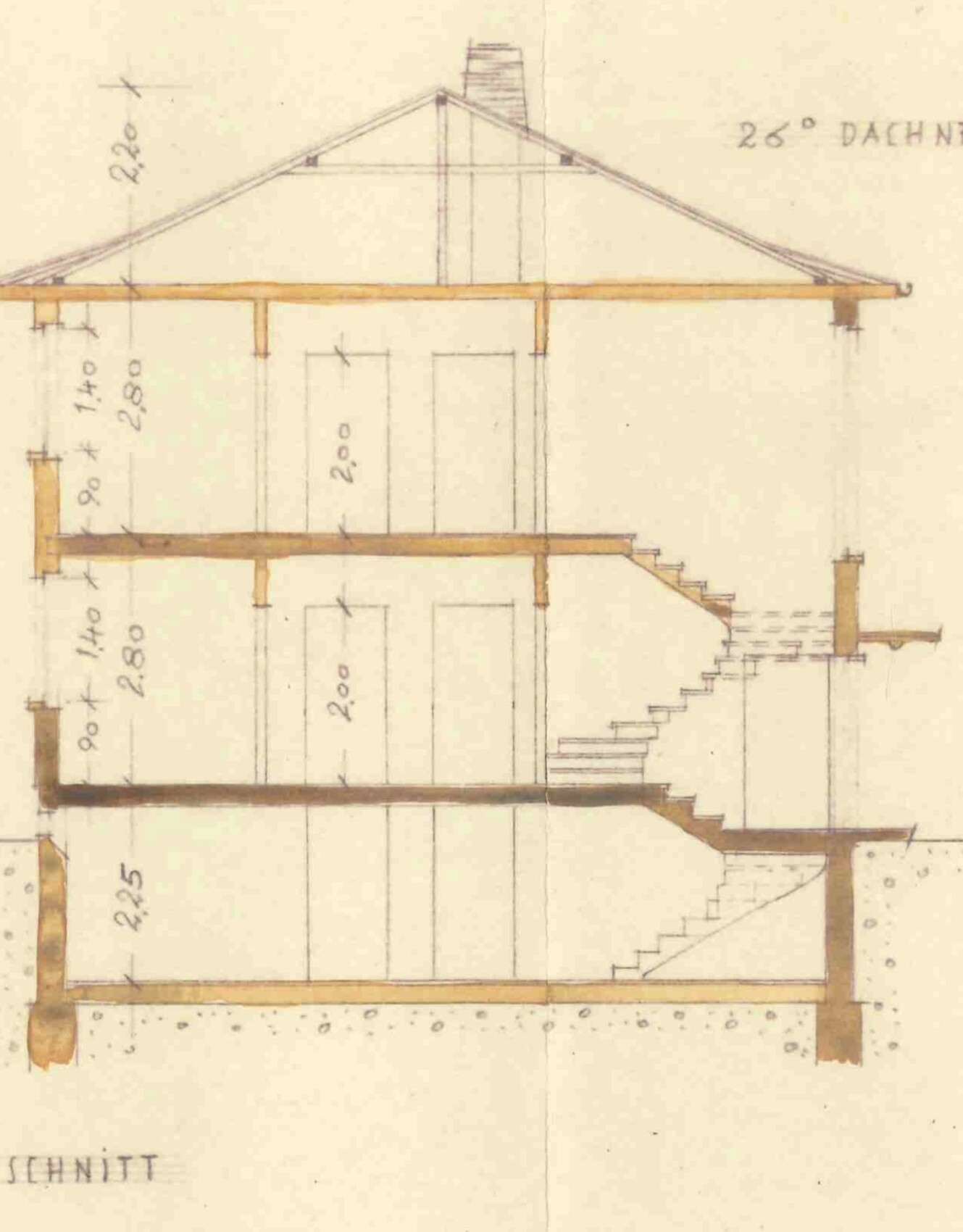 Architektur-Schnitt eines mehrstöckigen Hauses mit Treppen, Dach und Fundament